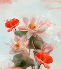 Spring and summer flowers collection – poppies and water lilies in watercolor style