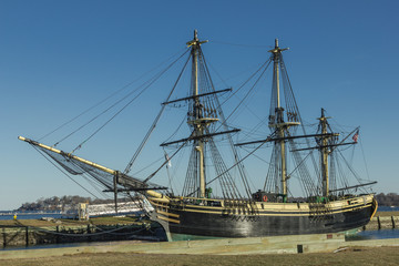 Giant vintage sailing ship at dock in northern Massachusetts