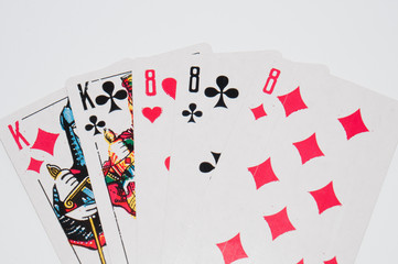 Playing cards on white background, winning combination, copy space for text.