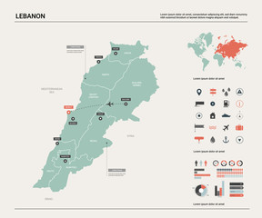 Vector map of Lebanon. High detailed country map with division, cities and capital Beirut. Political map,  world map, infographic elements.