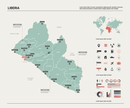 Vector map of Liberia. High detailed country map with division, cities and capital Monrovia. Political map,  world map, infographic elements.