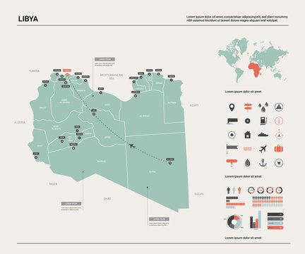 Vector map of Libya. High detailed country map with division, cities and capital Tripoli. Political map,  world map, infographic elements.
