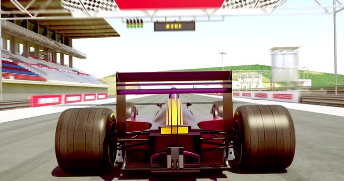 Formula One Racing Car Crossing Finish Line Then Braking - High Quality 4K 3D Animation