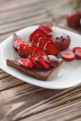 cake with strawberries. toasts with strawberries. Healthy breakfast.