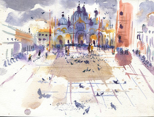 Venice, square. Watercolor sketch, illustration.
