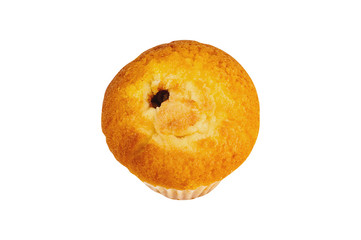 Whole baked muffin with cream in paper form isolated on white background. Top view