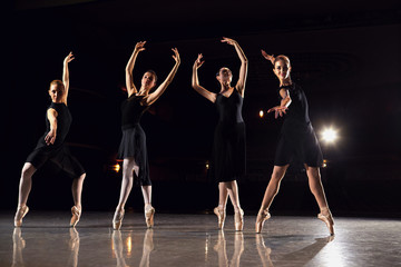 A group of ballerinas are dancing on the scene against a black background.