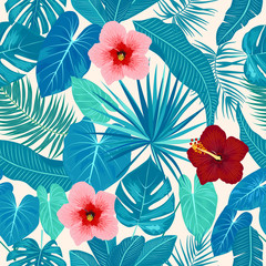 Vector tropical seamless pattern in blue colors. Botany design.