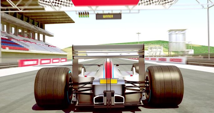 Formula One Racing Car Crossing Finish Line Then Braking - High Quality 4K 3D Animation