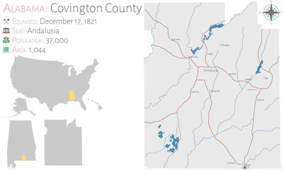 Large and detailed map of Covington county in Alabama, USA