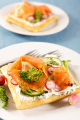 waffle with cheese cream and smoked salmon