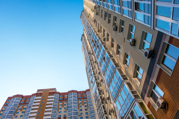 Modern apartment buildings with blue sky in Kyiv, Ukraine