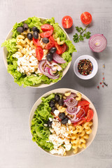 mixed vegetable salad with lettuce, feta, tomato and olive