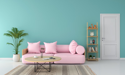 Pink sofa in living room, summer color concept, 3D rendering
