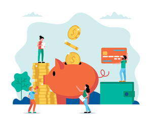 Piggy bank - investment, savings, income, money management. Small people characters doing various tasks. Concept vector illustration in flat style