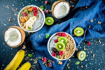 Fototapeta na wymiar Granola with chia seeds yogurt, fresh fruit and berries
