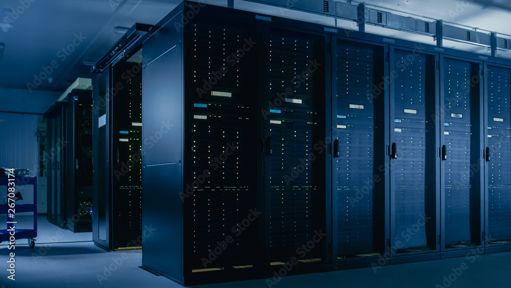 Aufkleber Shot of Data Center With Multiple Rows of Fully Operational Server Racks. Modern Telecommunications, Cloud Computing, Artificial Intelligence, Database, Super Computer Technology Concept.
