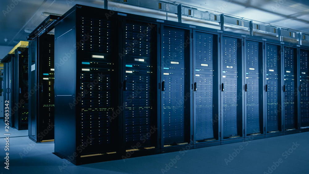 Aufkleber Shot of Data Center With Multiple Rows of Fully Operational Server Racks. Modern Telecommunications, Cloud Computing, Artificial Intelligence, Database, Super Computer Technology Concept.