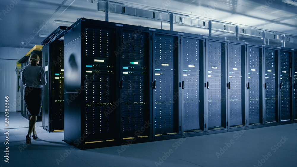 Aufkleber In Data Center: Female IT Technician Walks Alongside Row of Server Racks, Uses Laptop Computer to Run Maintenance Diagnostics so that Mainframe Works at Optimal Functioning Level. 