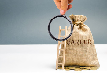 Money bag with the word Career and a wooden ladder. Self-development and leadership skills. Career ladder is a process of career growth, the achievement of success at work and promotion