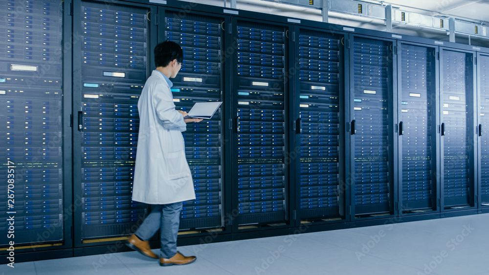 Poster In Data Center: Male IT Specialist Wearing White Coat Walks Alongside Row of Server Racks, Uses Laptop Computer to Run Maintenance Diagnostics Tools, Controls so that Database Works Smoothly.
