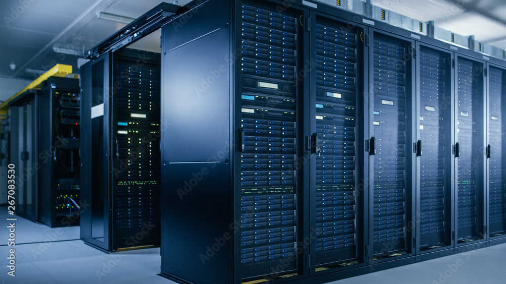 Fototapete Shot of Data Center With Multiple Rows of Fully Operational Server Racks. Modern Telecommunications, Cloud Computing, Artificial Intelligence, Database, Super Computer Technology Concept.