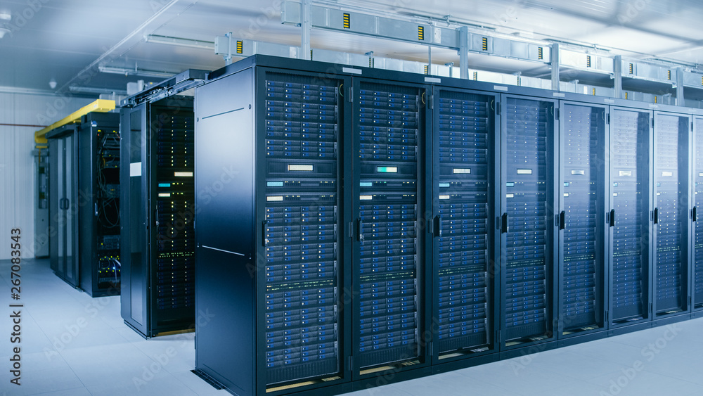 Fototapete Shot of Data Center With Multiple Rows of Fully Operational Server Racks. Modern Telecommunications, Cloud Computing, Artificial Intelligence, Database, Supercomputer Technology Concept.