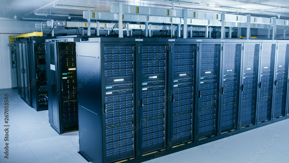 Aufkleber Shot of Data Center With Multiple Rows of Fully Operational Server Racks. Modern Telecommunications, Cloud Computing, Artificial Intelligence, Database, Supercomputer Technology Concept.