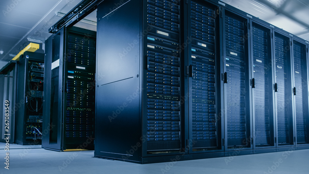 Poster Low Angle Shot of Data Center With Multiple Rows of Fully Operational Server Racks. Modern Telecommunications, Cloud Computing, Artificial Intelligence, Database, Supercomputer Technology Concept.