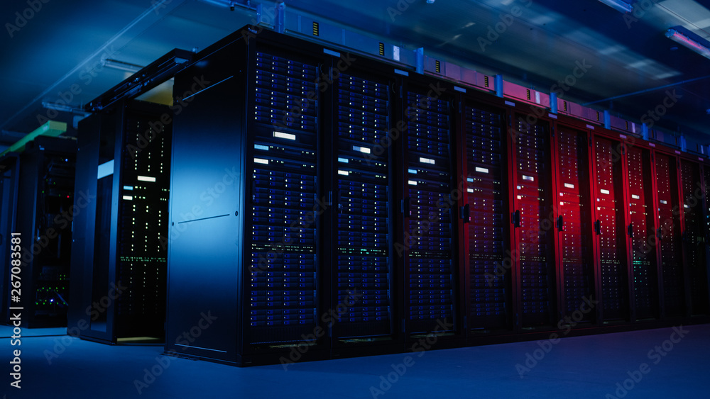 Aufkleber Shot of Data Center With Multiple Rows of Fully Operational Server Racks. Modern Telecommunications, Artificial Intelligence, Supercomputer Technology Concept. Shot in Dark with Neon Blue, Pink Lights