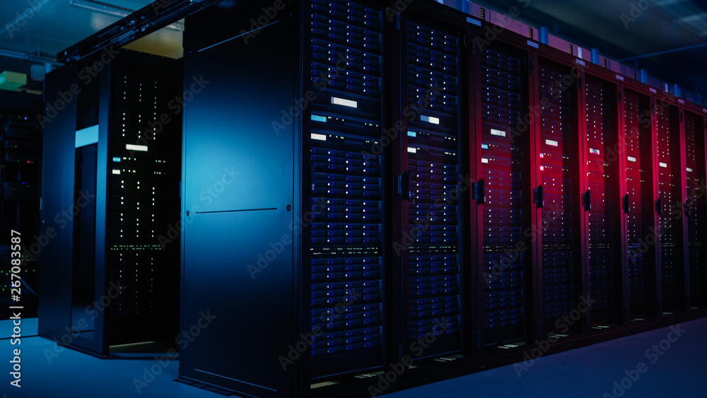 Aufkleber Shot of Data Center With Multiple Rows of Fully Operational Server Racks. Modern Telecommunications, Artificial Intelligence, Supercomputer Technology Concept. Shot in Dark with Neon Blue, Pink Lights