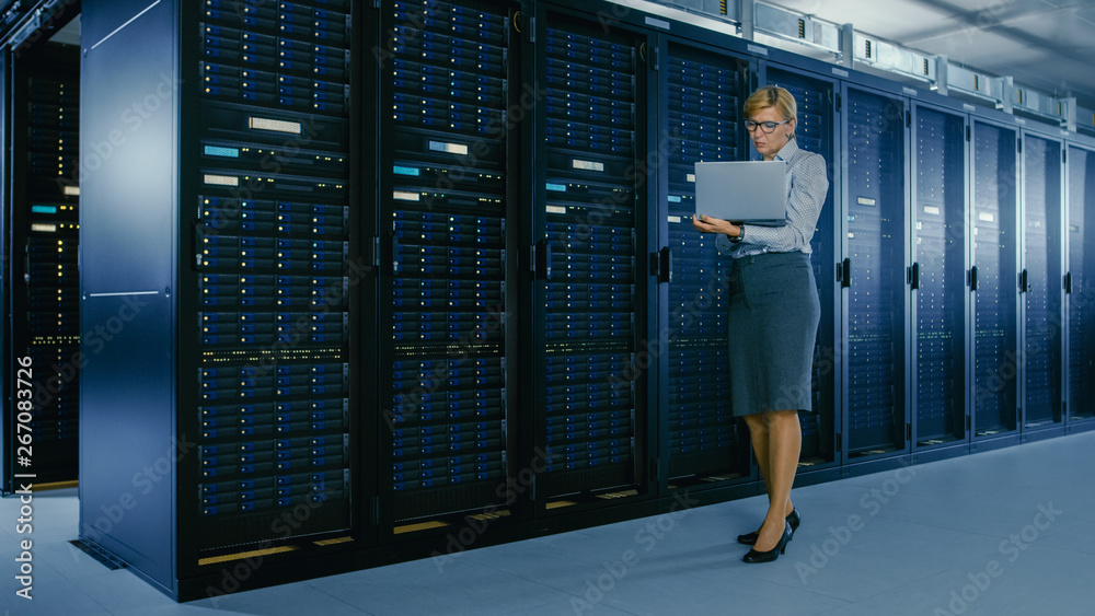 Poster In Data Center: Female IT Technician Stands Near Rack Cabinet and Runs Maintenance Program on Laptop, Controls Operational Server's Optimal Functioning. 