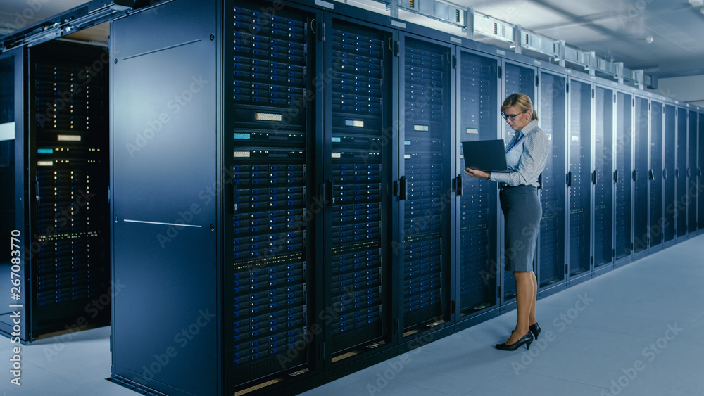 Poster In Data Center: Female IT Technician Stands Near Rack Cabinet and Runs Maintenance Program on Laptop, Controls Operational Server's Optimal Functioning. 