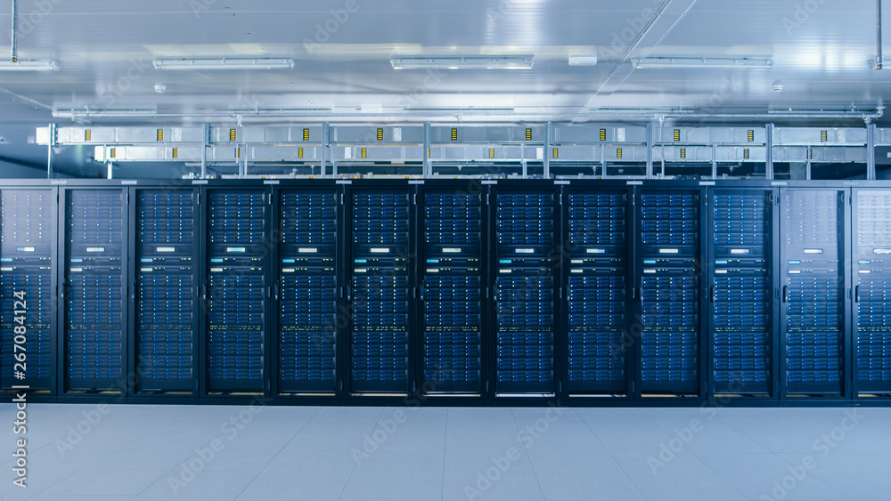 Aufkleber Shot of a Working Data Center With Rows of Rack Servers. Led Lights Blinking and Computers are Working.