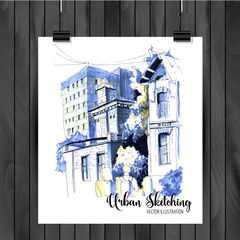 Hand drawn City Sketch for your design,Drawn in color ink or markers on white background