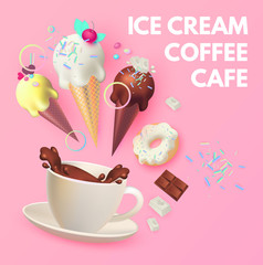 Coffee and Ice Cream. Cafe Ad Design Template. Sweets Shop. Gelato. Coffee to Go.