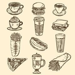 Vector hand drawn set of latte, cappuccino, burger, hamburger, hotdog, frappe, shawarma, espresso, slice of pizza, americano and americano in cup for take away in the engraving vintage style.