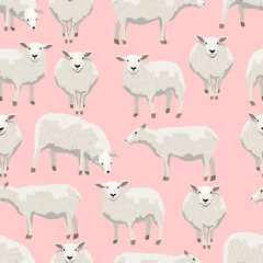 Seamless pattern. White fluffy sheep in different poses on a pink background. Vector for packaging, paper, prints and cards