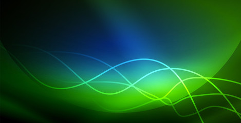 Glowing abstract wave on dark, shiny motion, magic space light. Techno abstract background