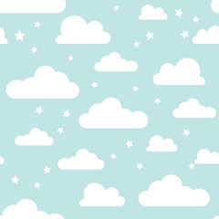 Star and clouds vector illustration. Blue sky with clouds and star seamless pattern vector. White clouds seamless pattern design and baby art and baby shower texture design