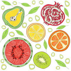 Fruit pattern. The concept of healthy and healthy food. Summer bright fruits Pear, watermelon, pomegranate, orange, lemon, kiwi. Vector illustration