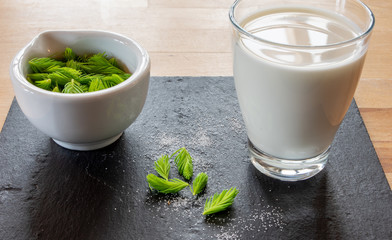 spruce tips in a ceramic bowl with a glass of milk and some sugar sprinkled on a slate board