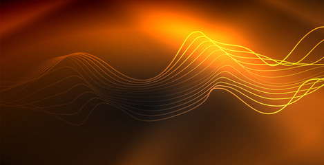 Glowing abstract wave on dark, shiny motion, magic space light. Techno abstract background