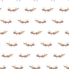 Watercolor seamless pattern of tourist planes flying to different directions of the world for adventures on a white background for wallpaper, background, wrappers, napkins, textiles.