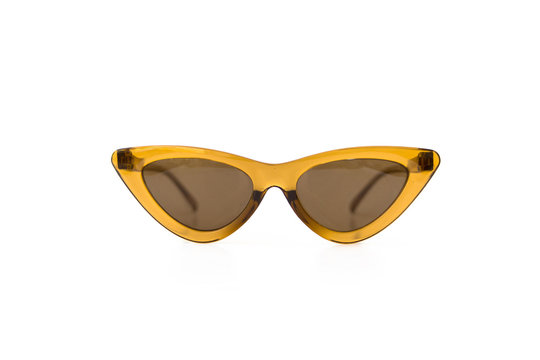 Yellow cat eye triangular thick frame sunglasses at isolated white background, front view