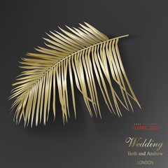 Fototapeta premium Tropical golden palm leaves on black background vector Beautiful botanical design with tropic jungle rainforest date palm leaf, exotic plant design with copyspace for sale flyer, cosmetic banner