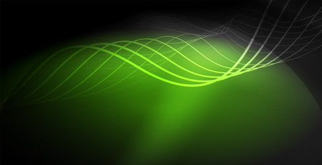 Glowing abstract wave on dark, shiny motion, magic space light. Techno abstract background