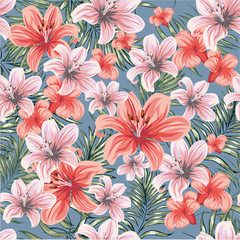 Blooming spring-summer flowers plants with branches of tropical palm trees. Seamless pattern. Vector image