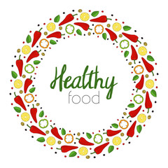 wreath is made from chilli peppers, herbs and lemons. template for your design. form for text. Hand drawn. For packaging, advertisements. Vector illustration.