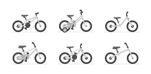 Set of different Kids bicycles. isolated on white background